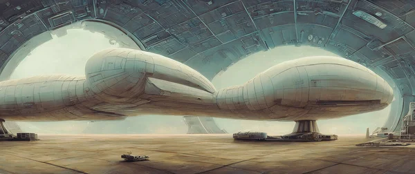 Artistic concept painting of a beautiful sci-fi spaceship in hangar. Tender and dreamy design, background illustration.