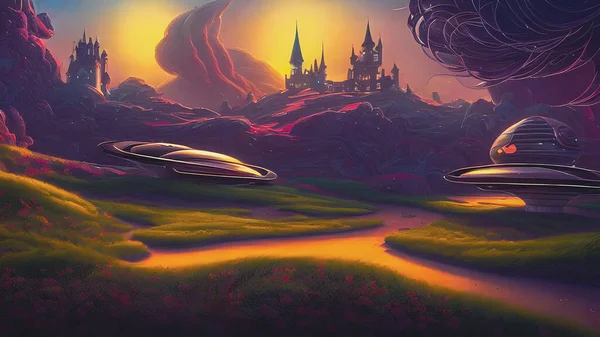 Artistic concept painting of a beautiful sci-fi landscape, with a future thing in the background. Tender and dreamy design, background illustration.3d illustration.