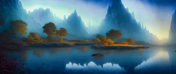 Artistic concept painting of a beautiful river landscape, background 3d illustration.