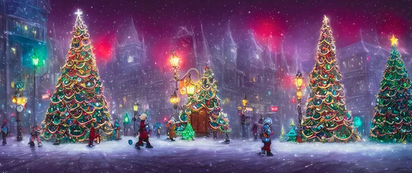 Artistic concept painting of a Christmas street at night, background illustration.