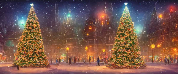 Artistic concept painting of a Christmas street at night, background illustration.