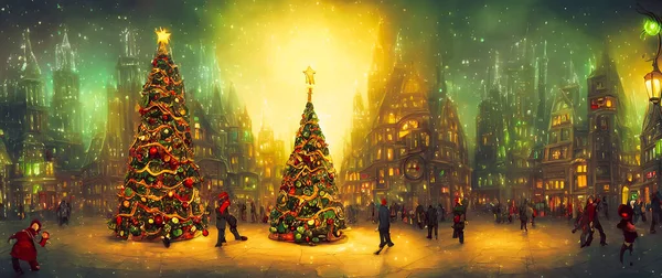 Artistic concept painting of a Christmas street at night, background illustration.