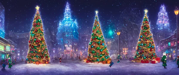 Artistic concept painting of a Christmas street at night, background illustration.