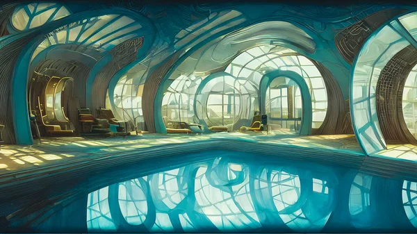 Artistic concept painting of a modern swimming pool interior, background 3d illustration.