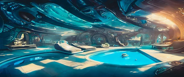 Artistic concept painting of a modern swimming pool interior, background 3d illustration.