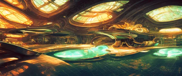 Artistic concept painting of a modern swimming pool interior, background 3d illustration.