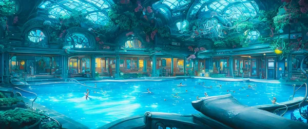 Artistic concept painting of a modern swimming pool interior, background 3d illustration.