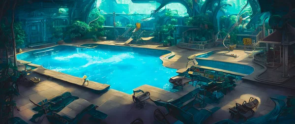 Artistic concept painting of a modern swimming pool interior, background 3d illustration.