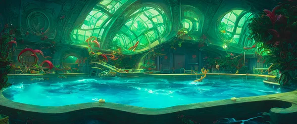 Artistic concept painting of a modern swimming pool interior, background 3d illustration.