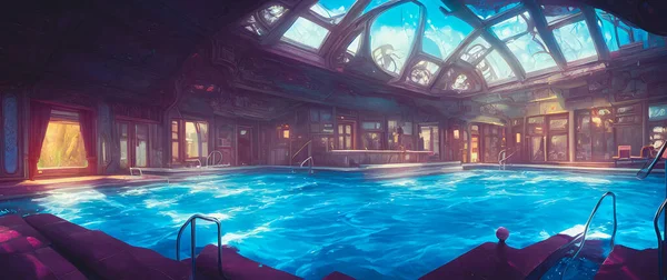 Artistic concept painting of a modern swimming pool interior, background 3d illustration.