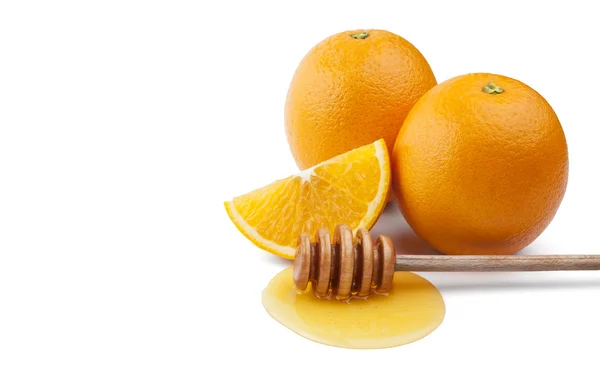 Целые оранжевые фрукты, его сегмент или холст и мед — стоковое фото