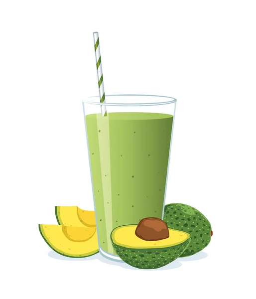 Glas Avokado Smoothie Med Hälften Och Skivor Avokado Isolerad Vit — Stock vektor