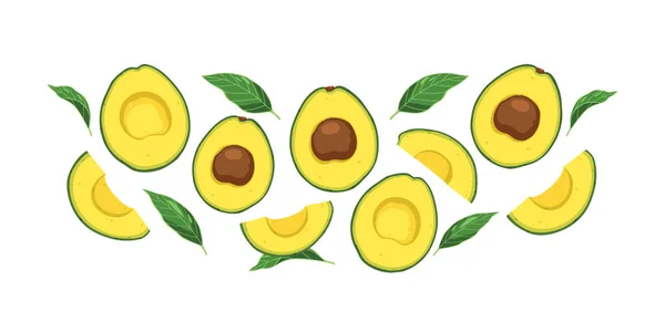 Helft Van Avocado Plakjes Avocado Met Bladeren Geïsoleerd Witte Achtergrond — Stockvector