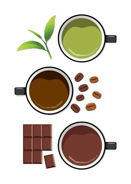 Kopje Groene Thee Kopje Koffie Kopje Warme Chocolademelk Met Theeblad — Stockvector