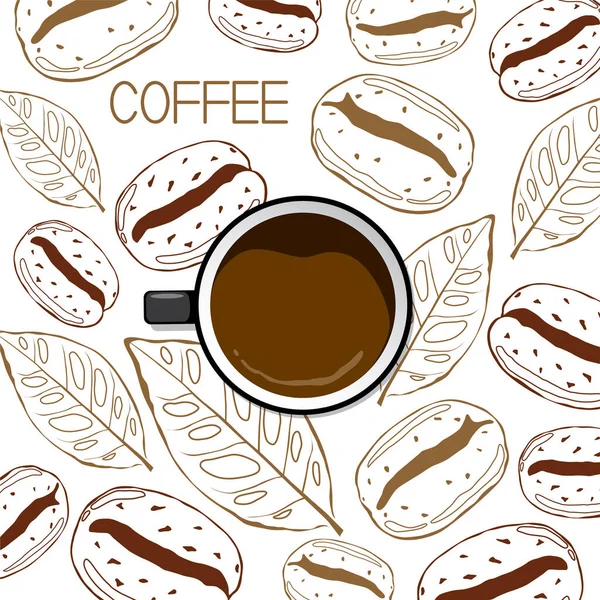 Kahve Çekirdeği Yapraklı Kahve Fincanı — Stok Vektör