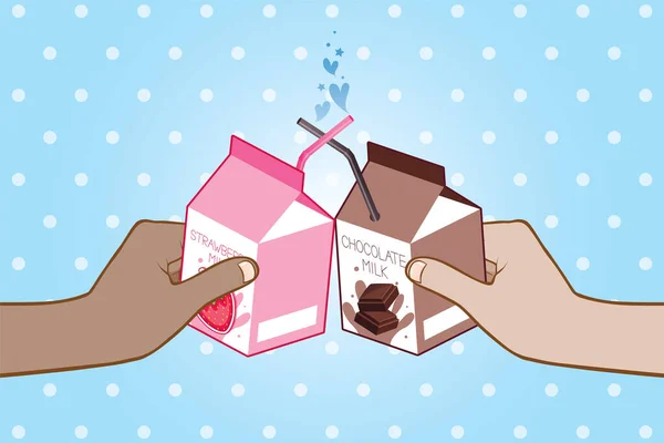Handen Met Aardbeienmelk Kartonnen Doos Met Chocolademelk Kartonnen Doos Blauwe — Stockvector