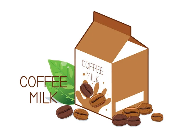 Κουτί Από Καφέ Γάλα Κόκκους Καφέ Και Φύλλα Που Απομονώνονται — Διανυσματικό Αρχείο