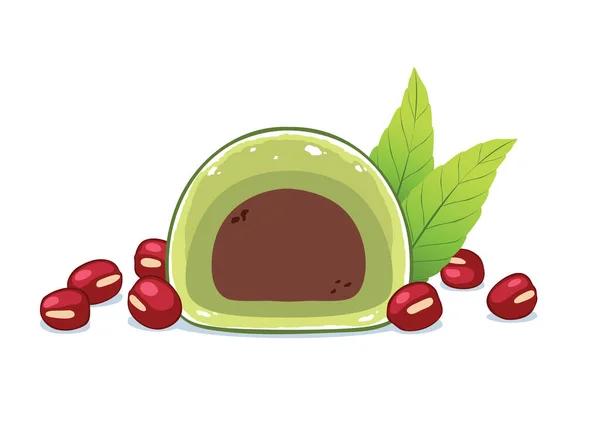 Daifuku Green Tea Leaves Red Azuki Beans Isolated Background Japanese — Vetor de Stock