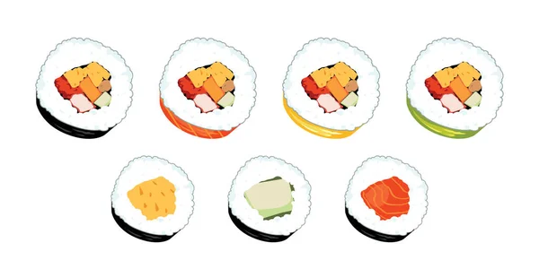 Set Maki Sushi Isolated White Background Japanese Food — Stock Vector