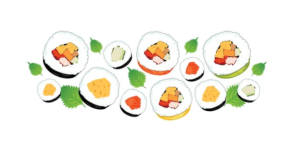 Maki Sushi Dan Oba Daun Terisolasi Pada Background Japanese Makanan - Stok Vektor