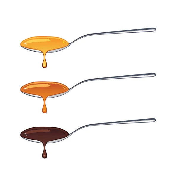 Miel Sauce Caramel Sauce Chocolat Dans Une Cuillère Isolée Sur — Image vectorielle