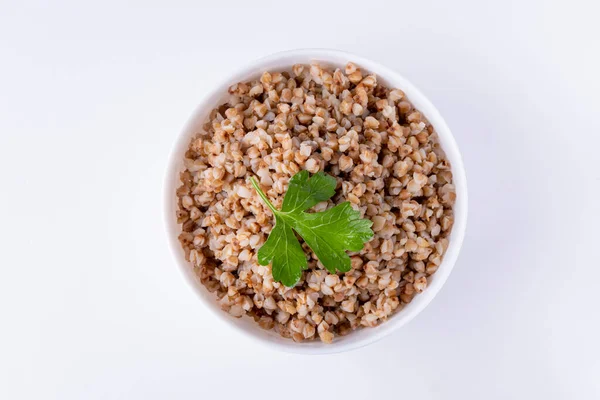 Bowl Buckwheat Flakes Isolated White Background Top View — Stock Photo, Image