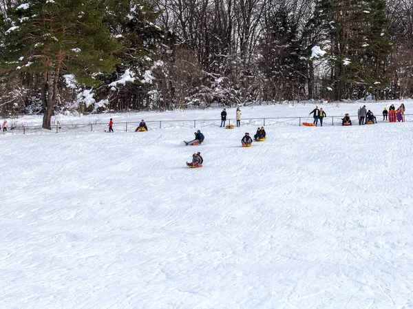 Maykop, Adygea Cumhuriyeti, Rusya Federasyonu, 01. - 24. 2021: Dağlarda aile tatili, dondurucu kış sabahı, kar motosikleti ve şişme kızak, yeni yıl tatili.