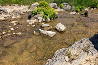 Dağ nehirleri, gezegendeki ekolojik temiz su kaynakları, güneşli bir yaz günü..