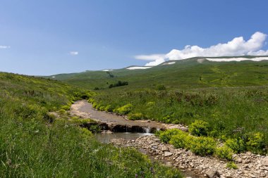 Dağ sıraları, kaynaklar, dağ nehri kıyısında yürüyüş yolları, doğal kayalar, arka planlar, dağlık arazinin panoramik manzaraları..