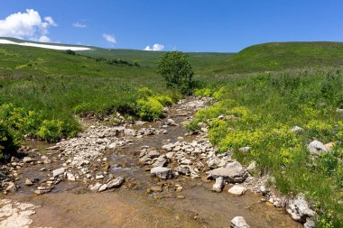 Dağ sıraları, kaynaklar, dağ nehri kıyısında yürüyüş yolları, doğal kayalar, arka planlar, dağlık arazinin panoramik manzaraları..