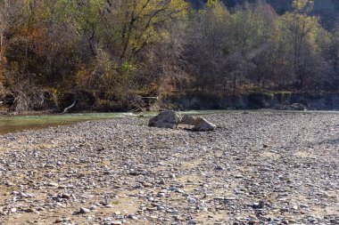 Bir dağ nehrinde sonbahar sabahı, berrak suyu olan sığ bir nehir yatağı ve kayalık zemini aydınlatan güneş ışınları..