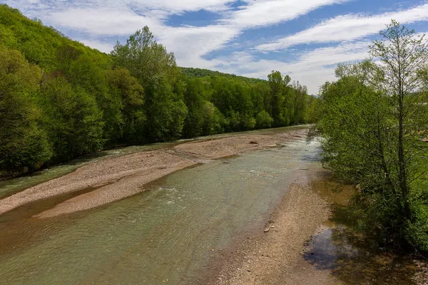 Een Parkgebied Langs Bedding Van Een Bergrivier Wandelingen Een Zonnige — Stockfoto