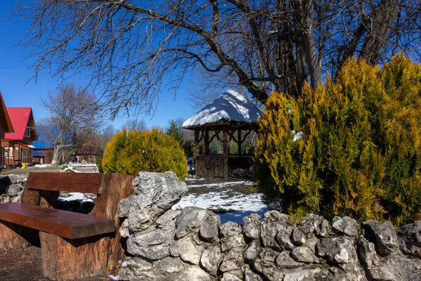 Inverno Chalé Montanha Gazebo Para Relaxar Sol Manhã — Fotografia de Stock