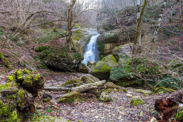 渓流沿いの自然河川敷や滝 自然公園内の秋 絵のように美しい場所を歩く — ストック写真