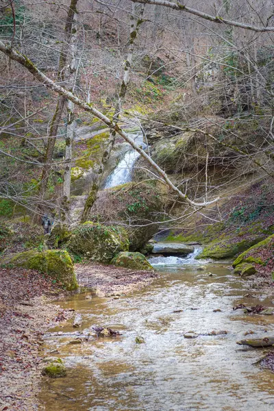 Φυσική Κοίτη Ποταμού Και Καταρράκτες Ένα Ποτάμι Του Βουνού Φθινόπωρο — Φωτογραφία Αρχείου