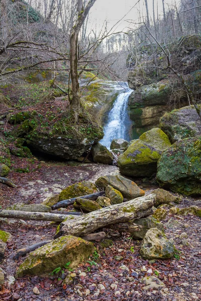 Sonbaharın Sonlarında Doğal Bir Parkta Hızlı Şelaleli Doğal Bir Kanalda — Stok fotoğraf