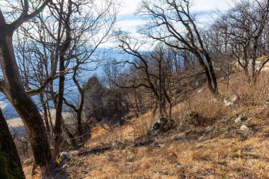 Güneşli bir günde kışın dağ manzarası, kar örtüsü olmadan, gözlem güvertelerinde..