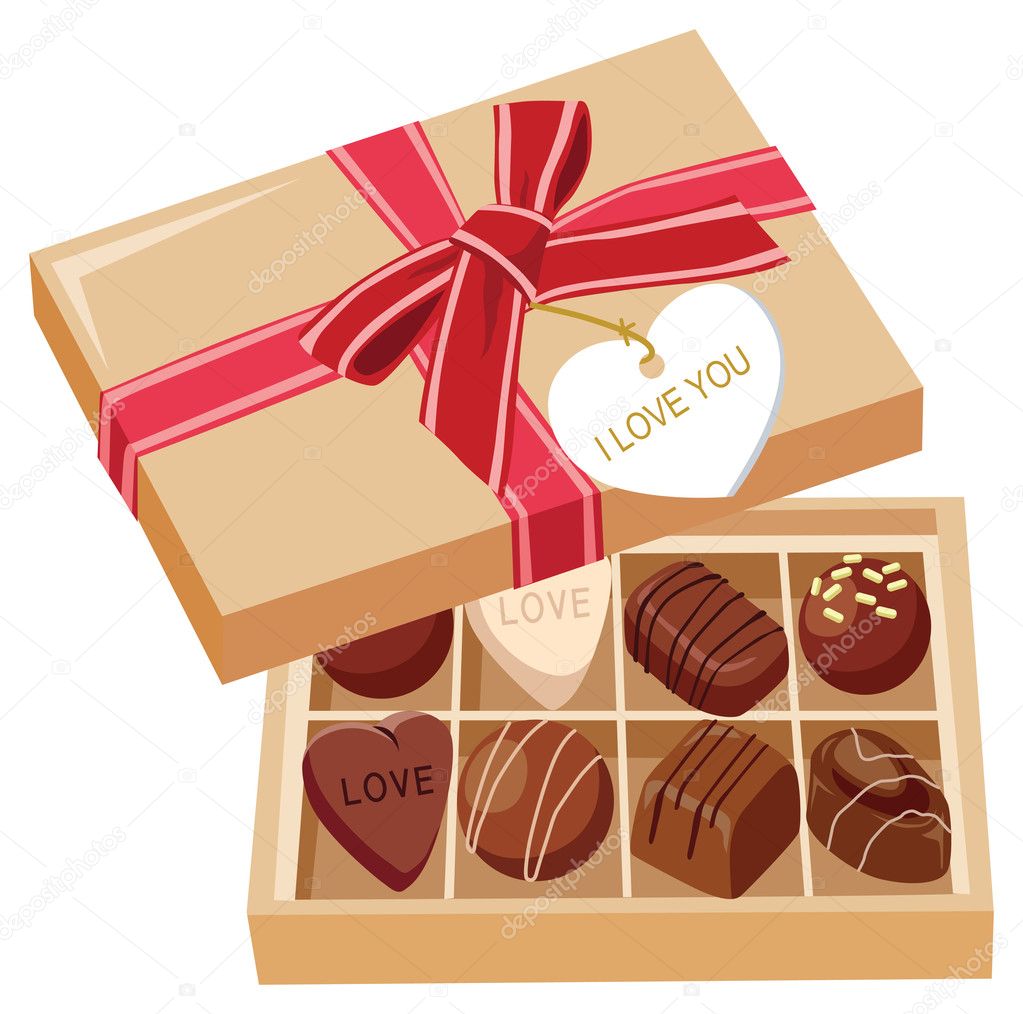 chocolate candies and gift box with bow. vector illustration