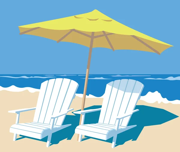 Lounge chairs and parasol on the beach — Stock Vector