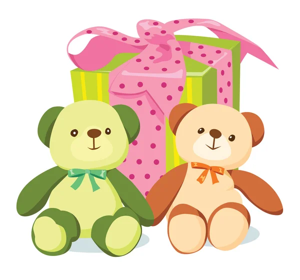 Two bears and striped gift box — Stock Vector