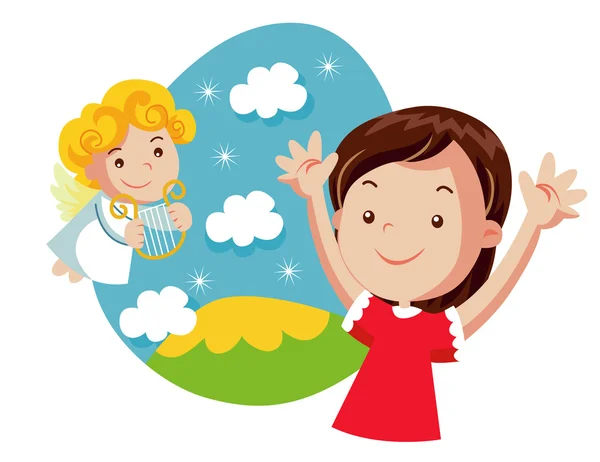 Lány és a kis angyal, húsvéti illusztráció — Stock Vector