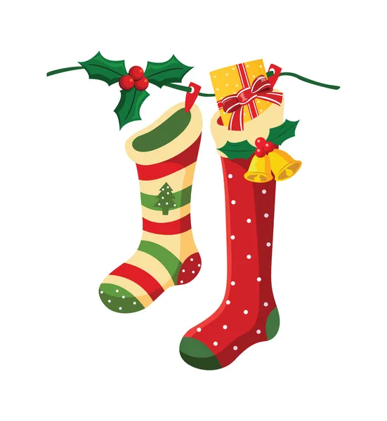 Vector illustration of christmas socks hanging on a wire. — Stock Vector