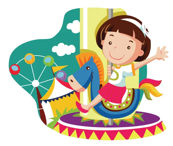 Little girl on carousel horse. vector cartoon illustration — Stockvector