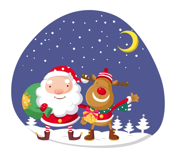 Santa Claus and Rudolph in winter forest — Stock Vector