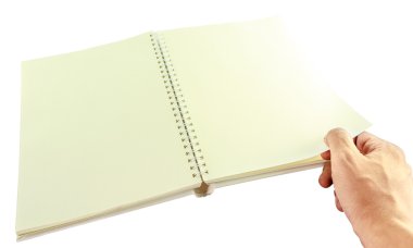 Adam el açık sarmal boş defter izole