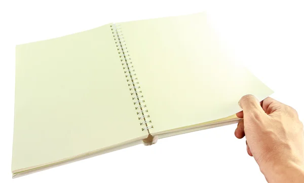Uomo mano aperta spirale notebook vuoto isolare — Foto Stock