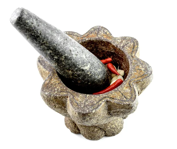 Stone Mortar with garlic and chili pepper isolate on white backg — Stock Photo, Image