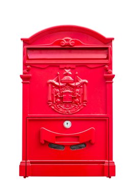 red mailbox on white wall background clipart