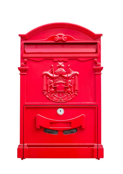 Caixa de correio vermelho no fundo da parede branca — Fotografia de Stock