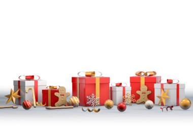 Noel ve Yeni Yıl tatili geçmişi. Beyaz arkaplanda fotokopi alanı olan Noel hediyeleri